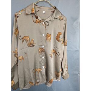 Shiny Sage Green Leopard Button Up